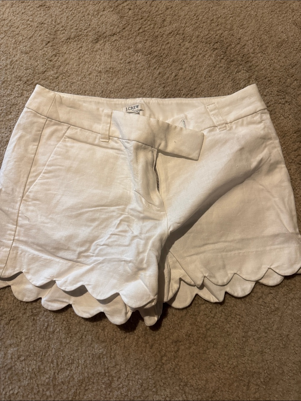 J. Crew White Scalloped Hem Linen Blend Shorts